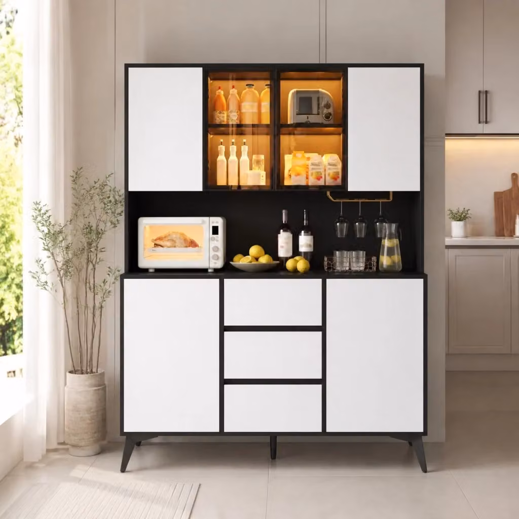 Cristalliera Mivray moderna con LED integrati, portabicchieri e 3 cassetti, finitura opaca bianco e nero, L/P/H: 120 x 40 x 160 cm – 2