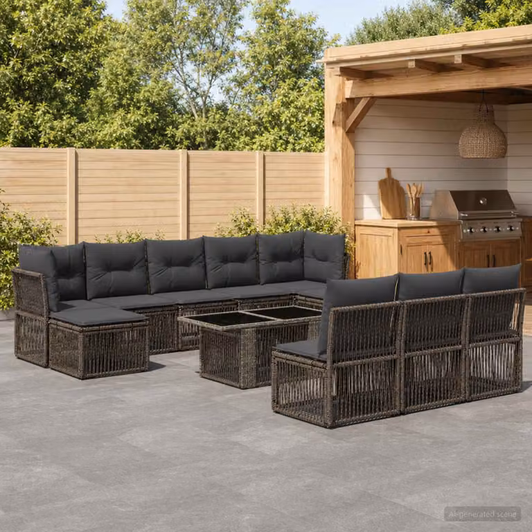 Set Divano da Giardino vidaXL 11 pz Grigio con Cuscini e Tavolino in Polyrattan e Acciaio
