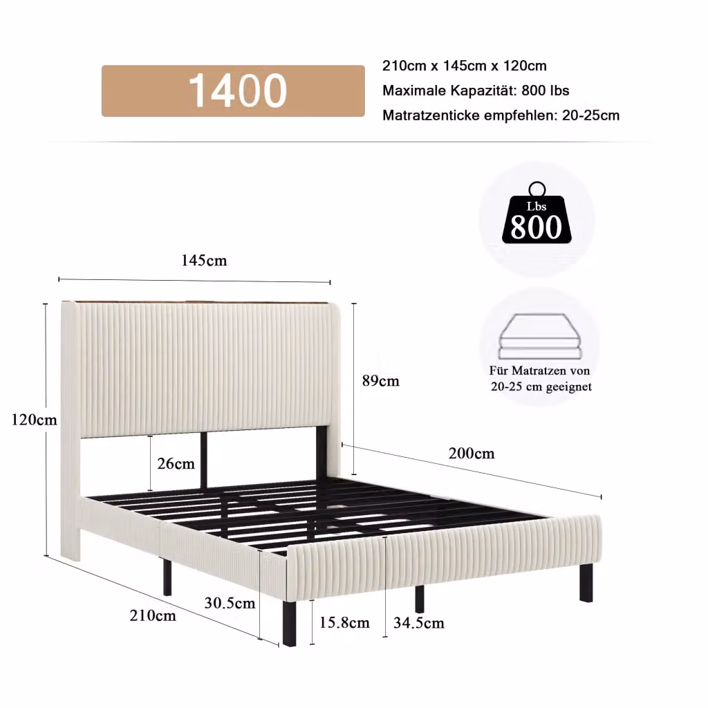 Letto a piattaforma imbottito in velluto a coste beige CIPACHO L/P/H: 140 x 200 cm – 2