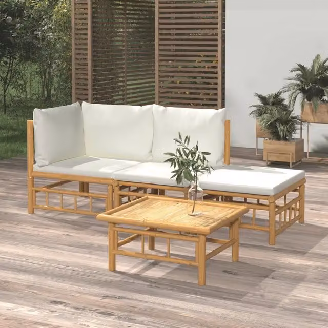 Set Salotto da Giardino 4pz con Cuscini Bianco Crema in Bambù 3155176