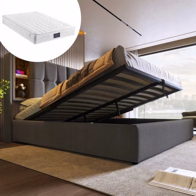 Letto imbottito 140x200 - Xylo - Grigio, con materasso, carica wireless e USB-C