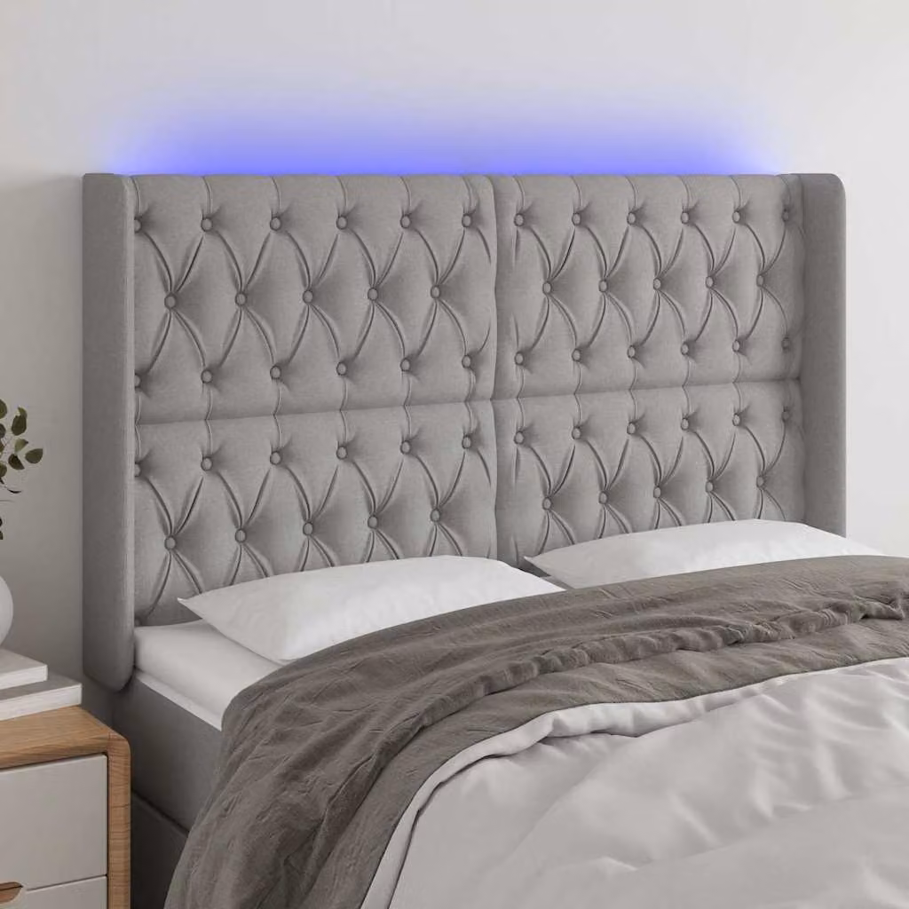 vidaXL Testiera a LED Moderna in Tessuto Grigio con Porte USB, L: 163 cm, P: 16 cm, H: 118 cm – 1