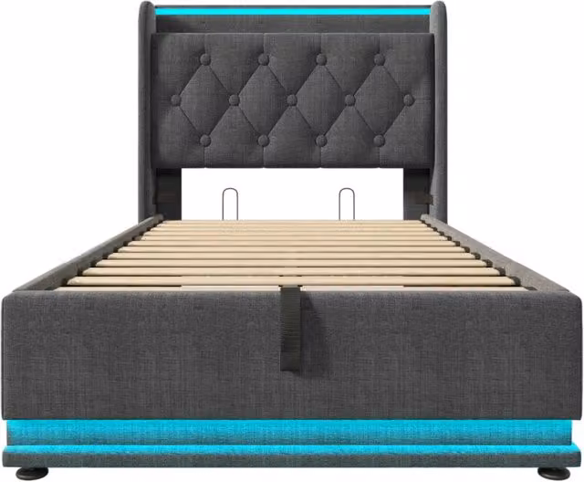 Letto singolo imbottito 90x200 cm grigio in lino con testiera imbottita, illuminazione LED 360°, ricarica USB Tipo-C e sistema di sollevamento idraulico
