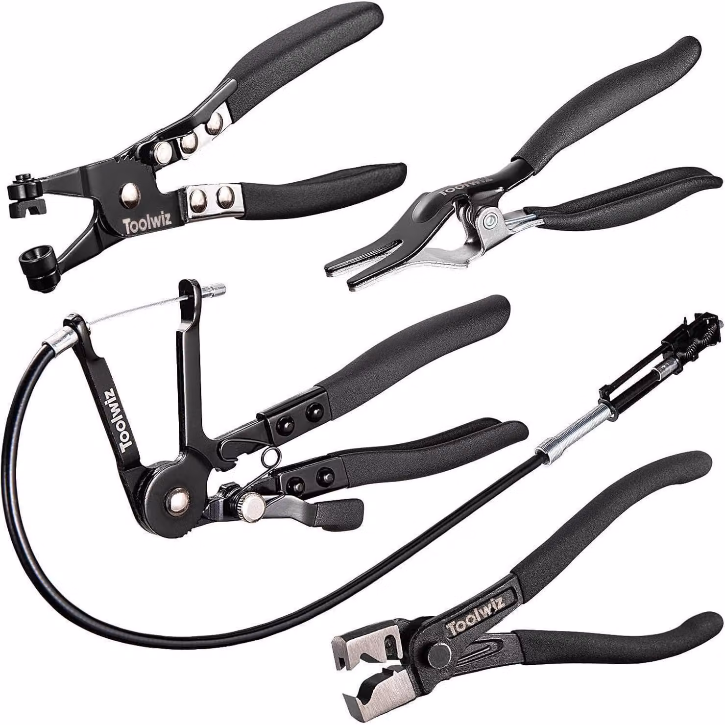 Set di 4 pinze per fascette di tubi, con portata elevata, nastro piatto, estrattore per tubi e pinza di tipo "Clic-R"