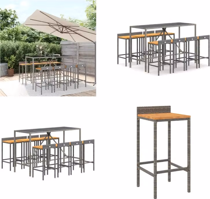 vidaXL Set bar da giardino 9 pezzi in poly rattan grigio e legno massiccio di acacia - Set bar da giardino - Set bar da giardino - Set bar da giardino - Bar da giardino