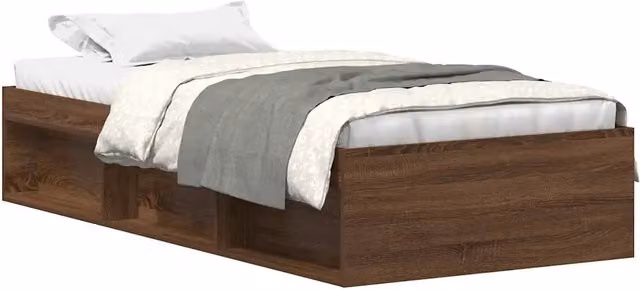 Letto singolo moderno in legno di pino marrone con vani contenitore laterali L/P/H: 200 x 90 x 35 cm