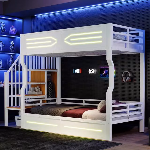Letto a castello 90x200 cm con scala contenitore; illuminazione LED e sponda; bianco