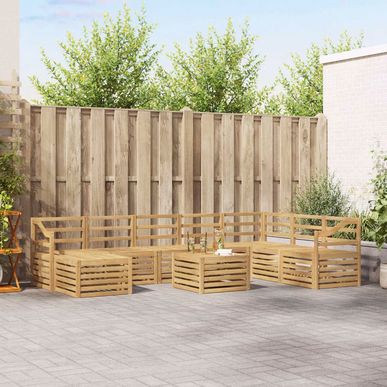 Set di divani da esterno vidaXL 9 pz in legno di acacia massello con cuscini bianchi e marroni per giardino e terrazza