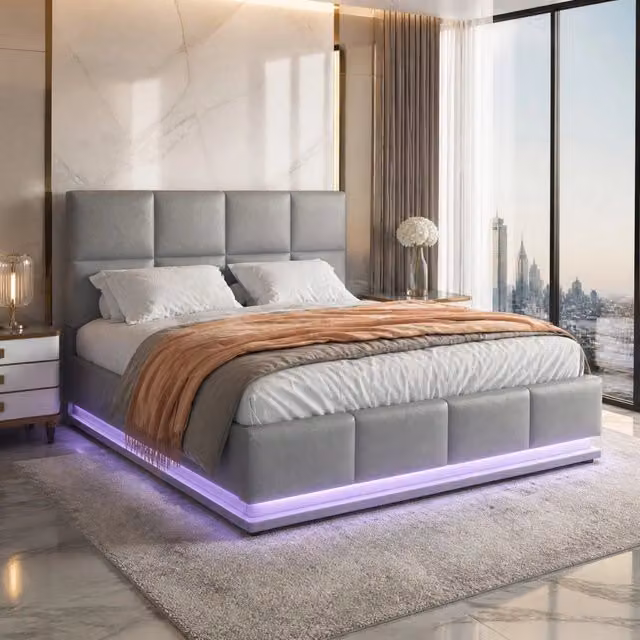 Letto contenitore 140 × 200 cm con LED e sollevamento idraulico rivestito in similpelle grigio
