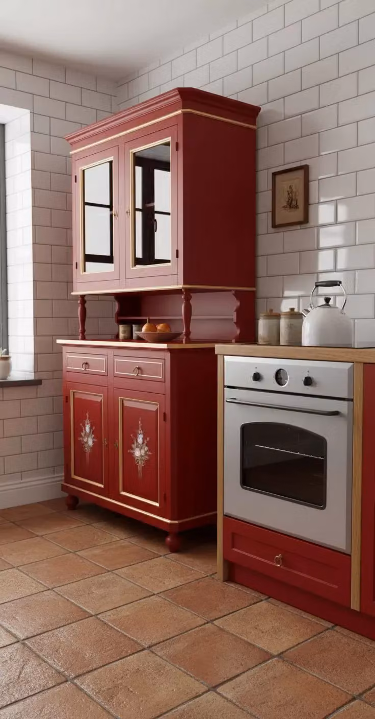 Cristalliera Shabby Chic Mobili 2G in Legno di Pino Rosso con Decorazioni Floreali e Filo Oro L: 104 cm, P: 43 cm, H: 208 cm – 4