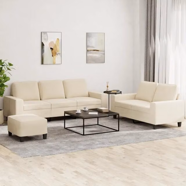 Set di divani moderno vidaXL in tessuto beige composto da divano a 3 posti, divano a 2 posti e pouf con cuscini inclusi