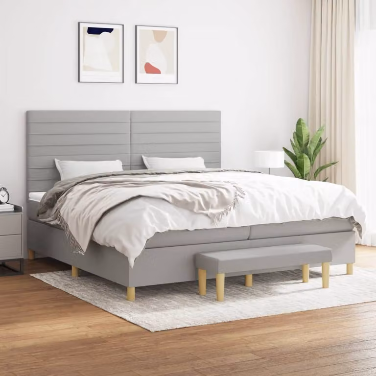 The Living Store Letto a molle con materasso grigio chiaro 200x200 cm in tessuto