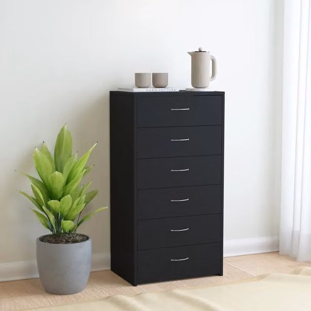 Credenza Buffet Design Mania con 6 Cassetti in Legno Multistrato Nera, L 50 cm x P 34 cm x H 96 cm