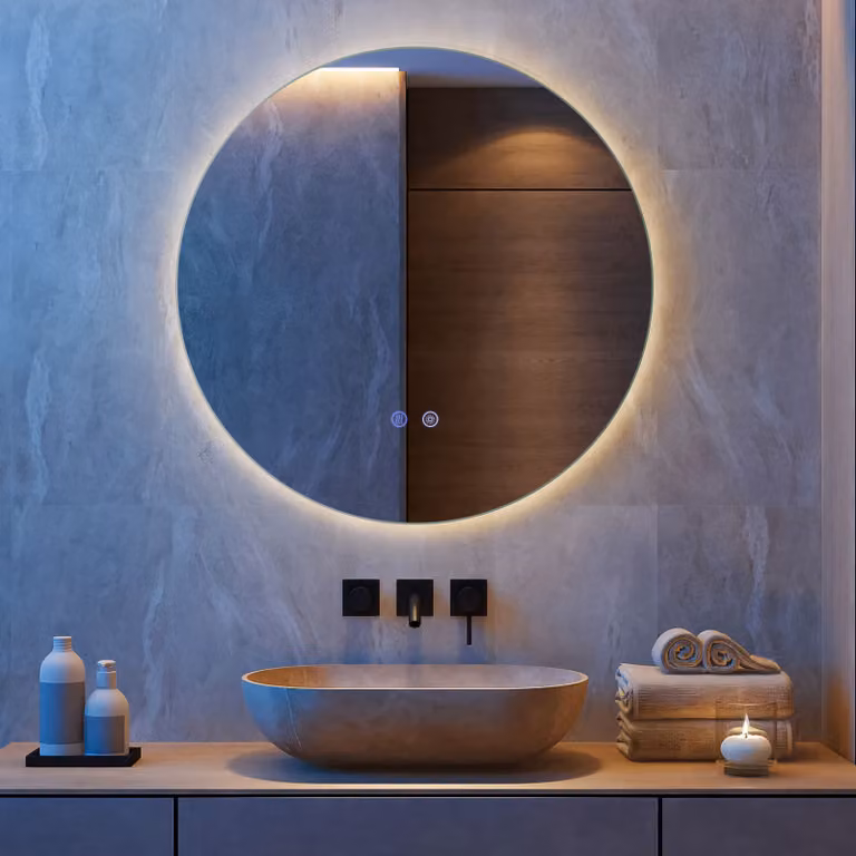 Specchio da bagno rotondo Costway con illuminazione LED regolabile, retroilluminato in vetro temperato con funzione anti-appannamento e memoria, colore bianco, diametro 60 cm