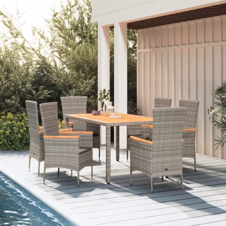Set da pranzo da giardino vidaXL in polyrattan e legno di acacia con 7 pezzi e cuscini, colore grigio