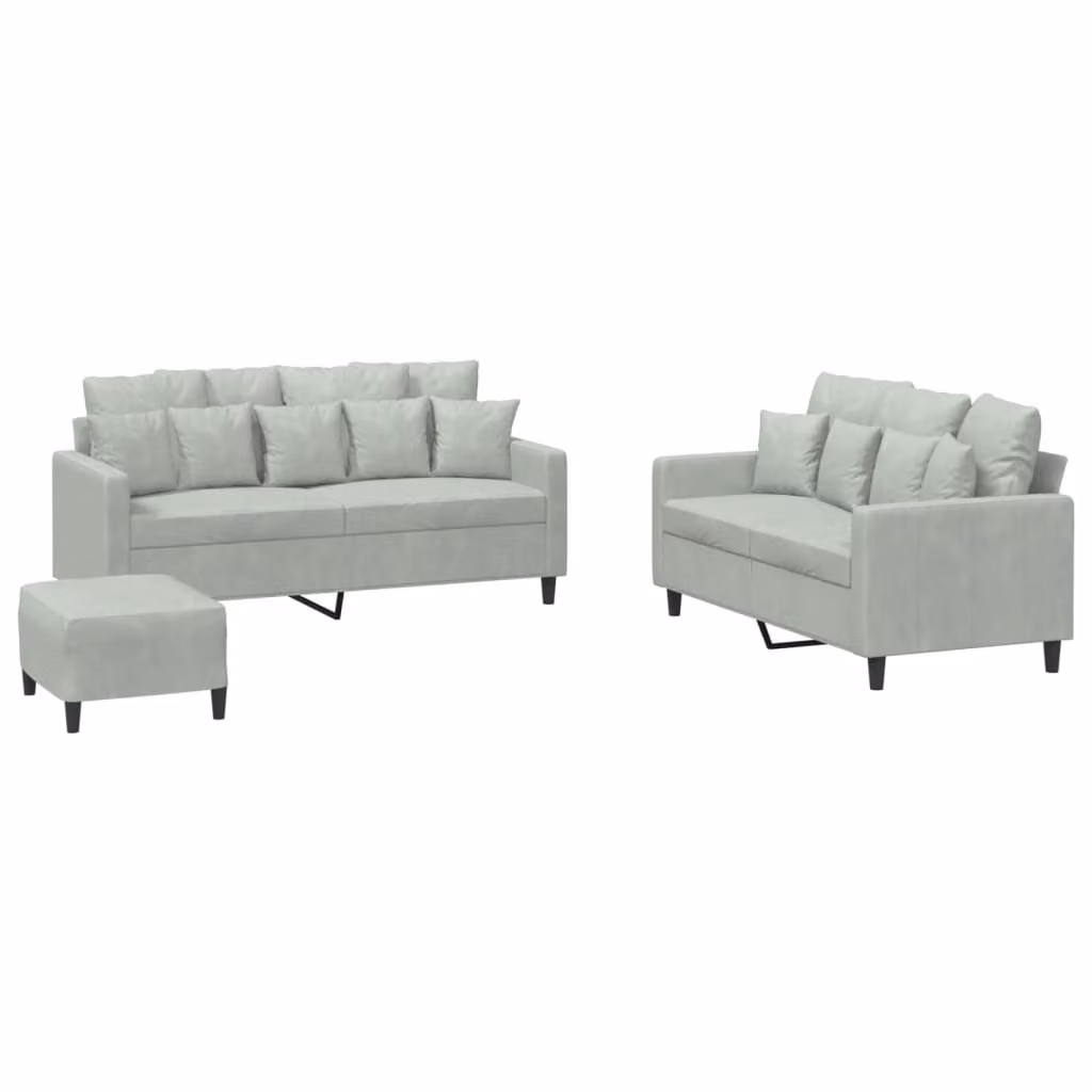 Set di Divani 3 pz con Cuscini Grigio Chiaro in Velluto