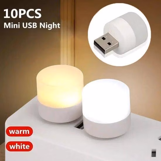 Luce notturna a LED USB per laptop e power bank, set da 10 pezzi, in miniatura, luce bianca calda, ideale per i viaggi