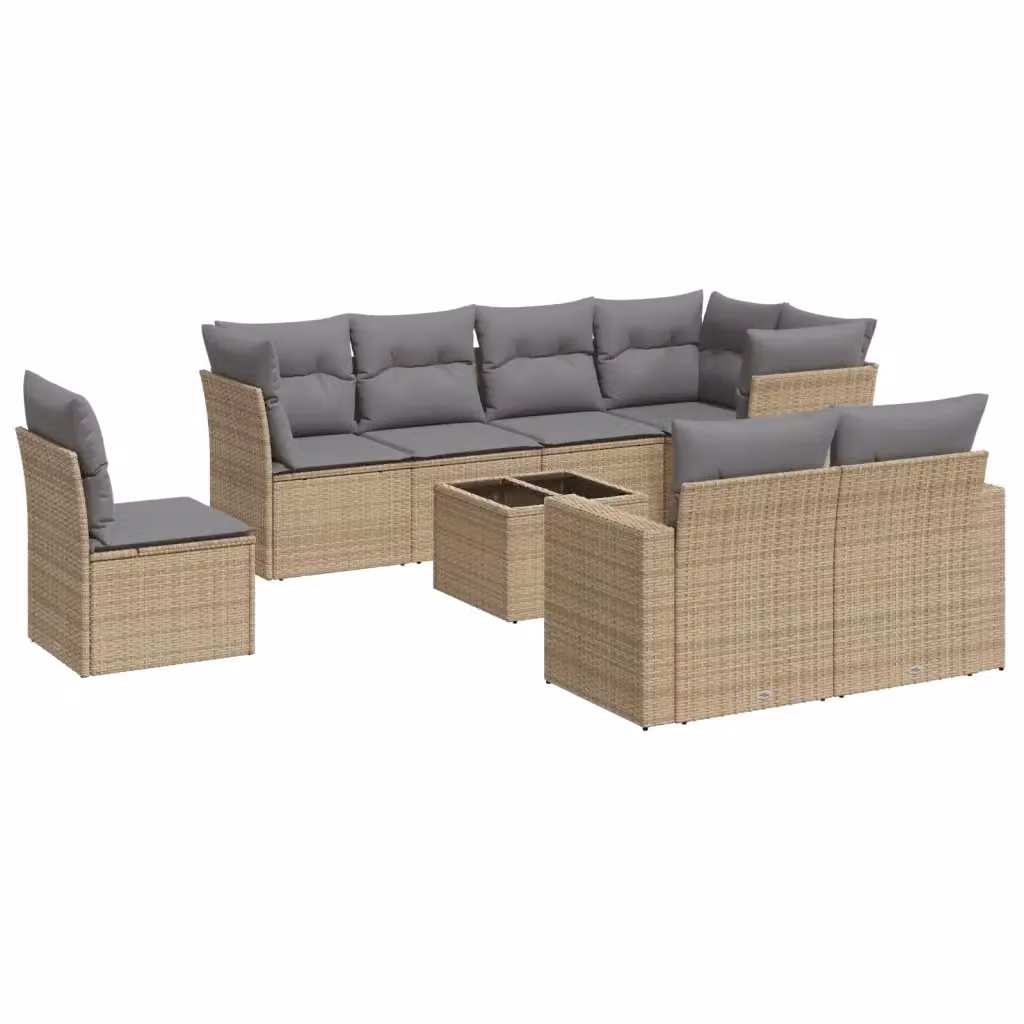 Set Divano da Giardino vidaXL 9 pz a Forma a L con Cuscini Beige e Tavolino, Struttura in Acciaio e Polyrattan per Terrazza e Outdoor – 2