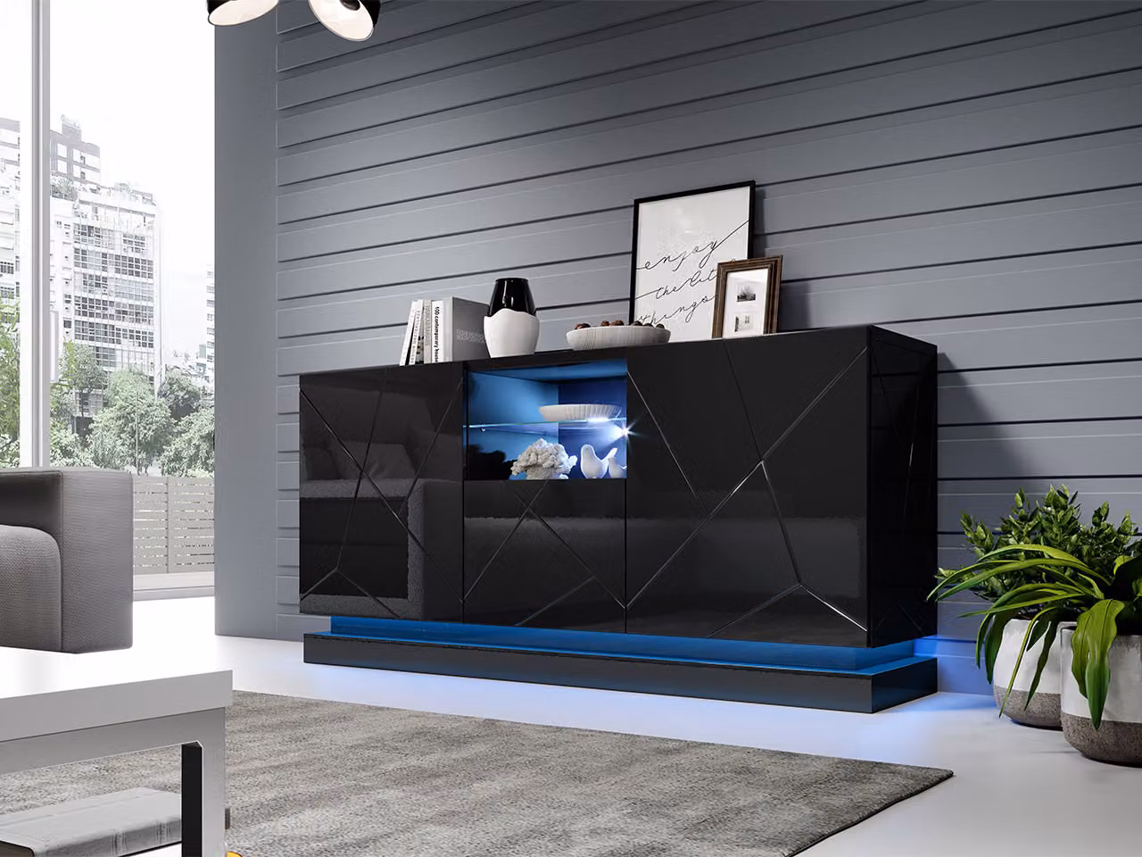 Cassettiera con ante e illuminazione a LED RGB LIMA - nero / nero lucido