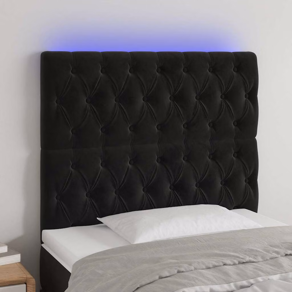 Testiera per letto vidaXL in velluto nero con illuminazione LED e porta di ricarica USB, L: 90 cm, P: 7 cm, H: 118-128 cm