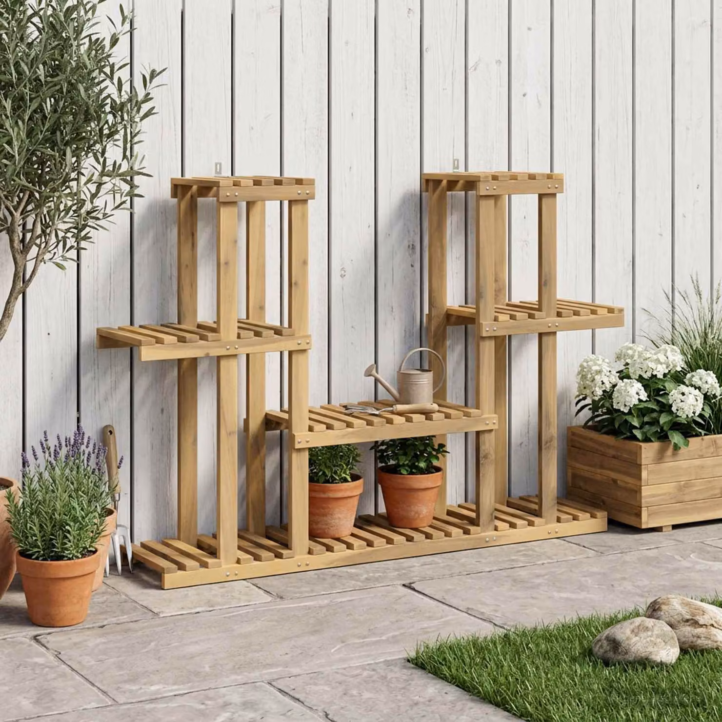 vidaXL Supporto per piante moderno in legno di acacia bianco L 123 cm x P 25 cm x H 78,5 cm