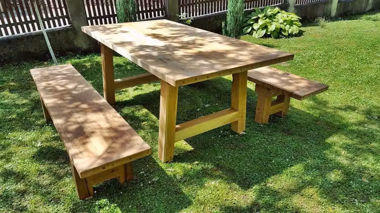 Set di mobili da giardino Casa Padrino, stile rustico con struttura lineare: tavolo + 2 panche da giardino (lunghezza: 200 cm) - legno massello di quercia