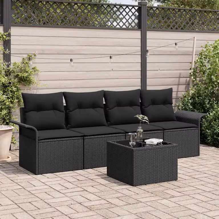Set di divani da giardino vidaXL in polyrattan nero con cuscini e tavolino da esterno