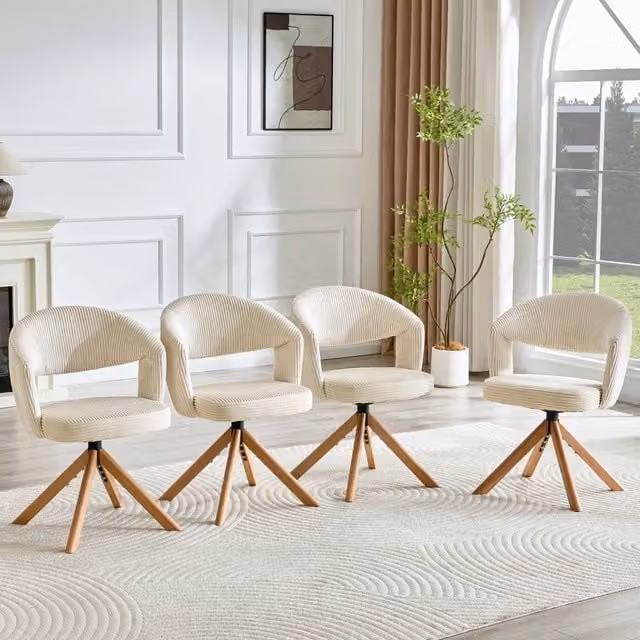 Set di 2 sedie da pranzo girevoli OKWISH in velluto a coste bianco con gambe in legno massello e design rétro