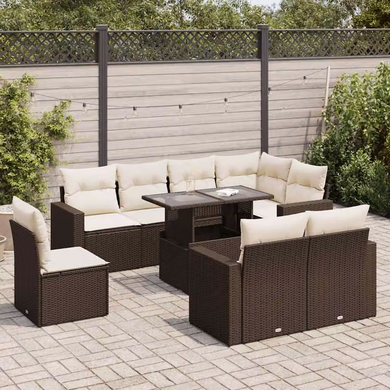 Set Divani da Giardino vidaXL 9 Pezzi a Forma di U con Cuscini Marrone e Bianco in Polyrattan e Metallo