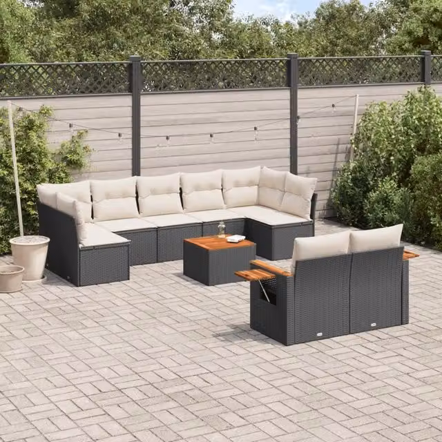 Set Divani da Giardino 10pz con Cuscini in Polyrattan Nero 3259536