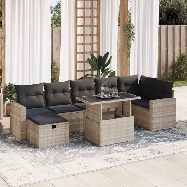 Set Divano da Giardino a L vidaXL 8pz con Cuscini e Tavolino in Polyrattan Grigio e Nero – 1