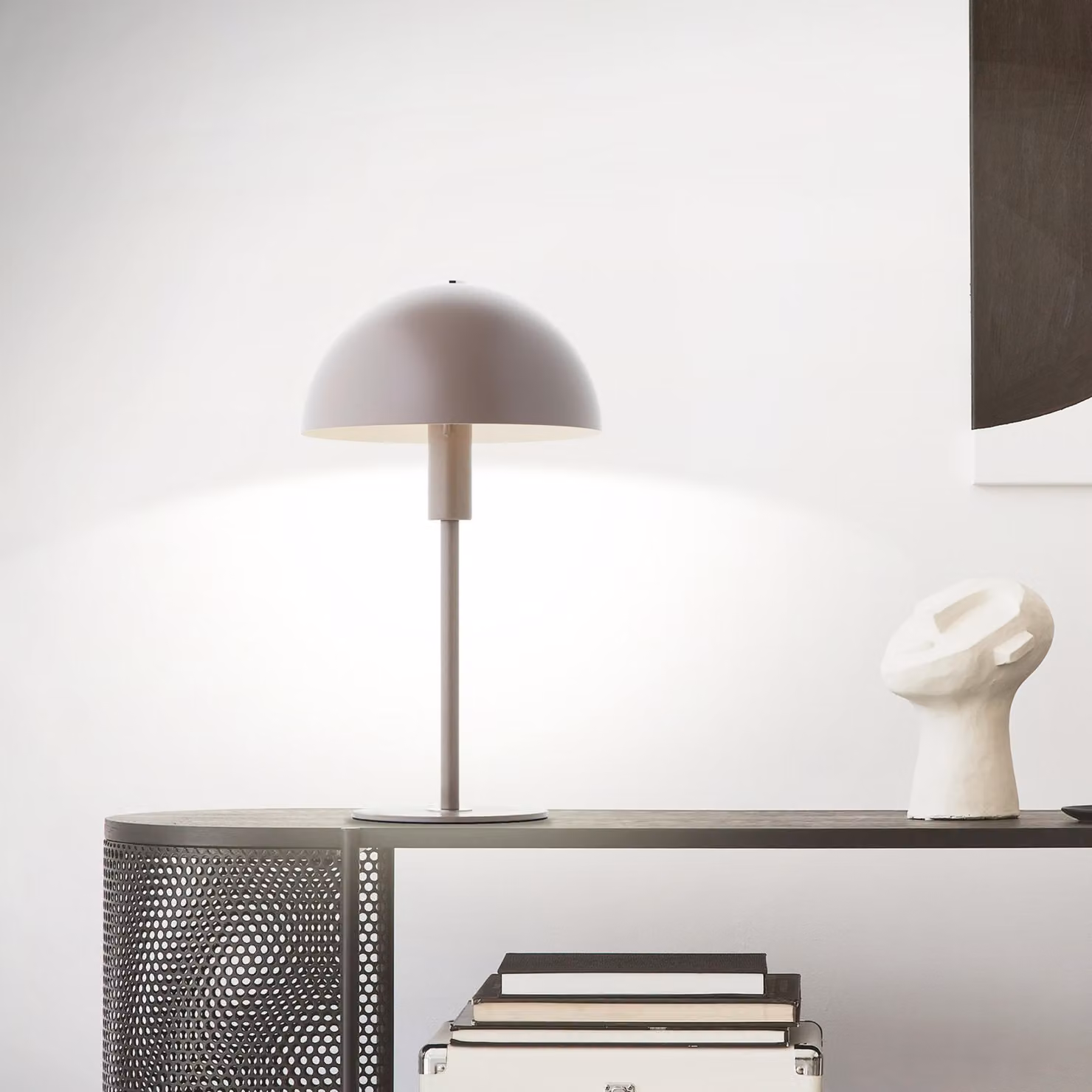 Lampada da tavolo a forma di fungo, altezza 36 cm, attacco E14, metallo, color taupe/argento