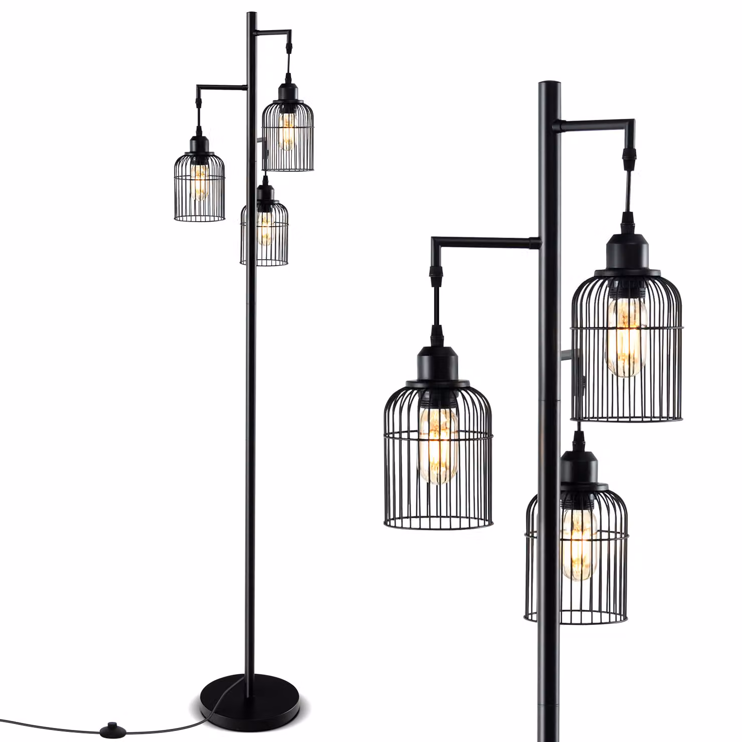 COSTWAY lampada da terra 169cm, lampada da terra con 3 paralumi, interruttore a pedale e base stabile, lampada da lettura moderna nera (cilindrica)