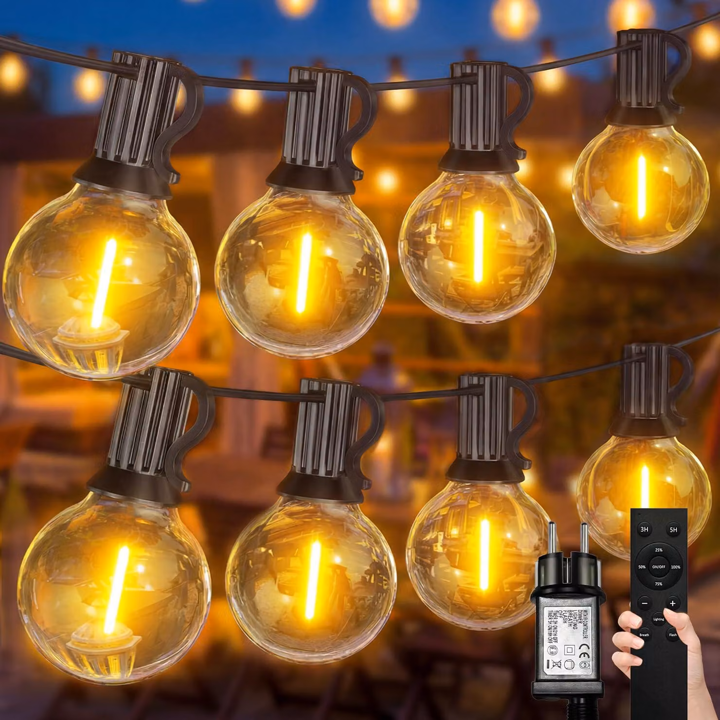 Catena luminosa a LED, 10 metri, 20+2 lampadine G40, luce bianco caldo, dimmerabile, grado di protezione IP44