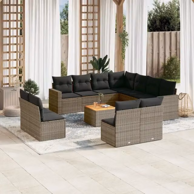 Set di Divani da Giardino vidaXL in Polyrattan Grigio con Cuscini e Tavolino da Esterno 12 Pezzi – 1