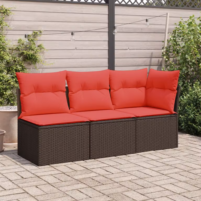 Divano da giardino a L vidaXL con cuscini marroni e rossi in rattan e struttura in metallo