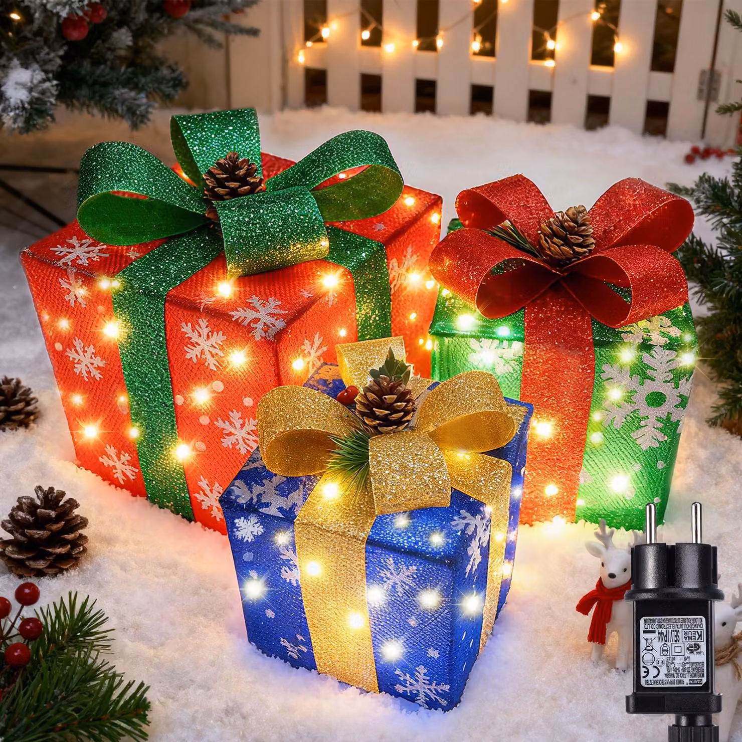 Scatole regalo natalizie illuminate, con 60 LED, luce bianco caldo, timer, set da 3