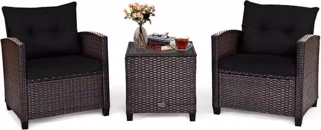 Set di 3 mobili da giardino Costway in rattan con piano in vetro, composto da 1 tavolino e 2 sedie con 4 cuscini rimovibili, colore nero e marrone