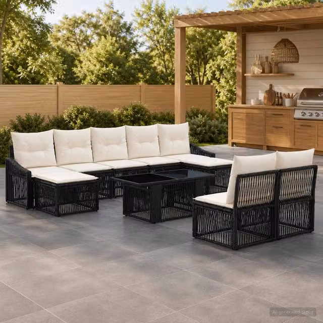 Set Divano da Giardino 10 pz Nero e Bianco Crema polyrattan 3437302