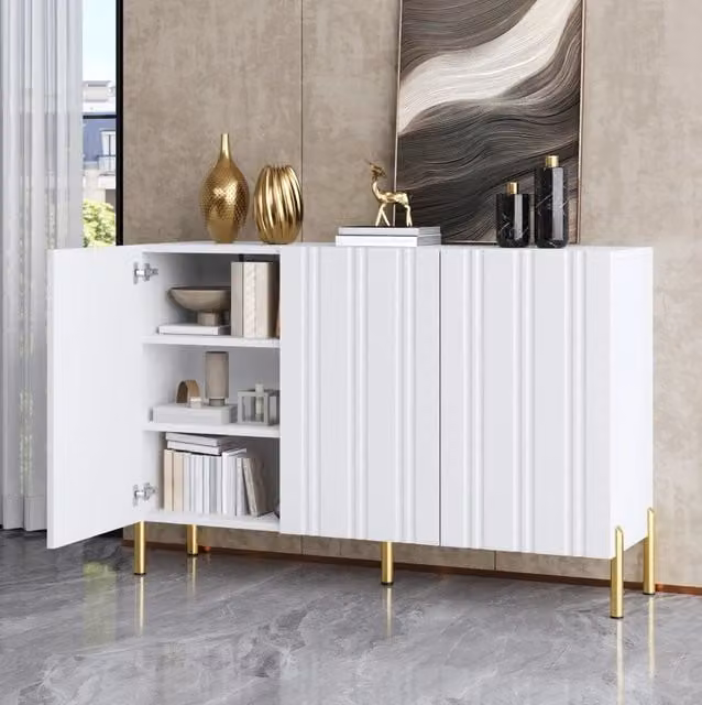 Credenza a 3 ante con scanalature verticali; 120x35;5x80 cm; bianco; in MDF e truciolare