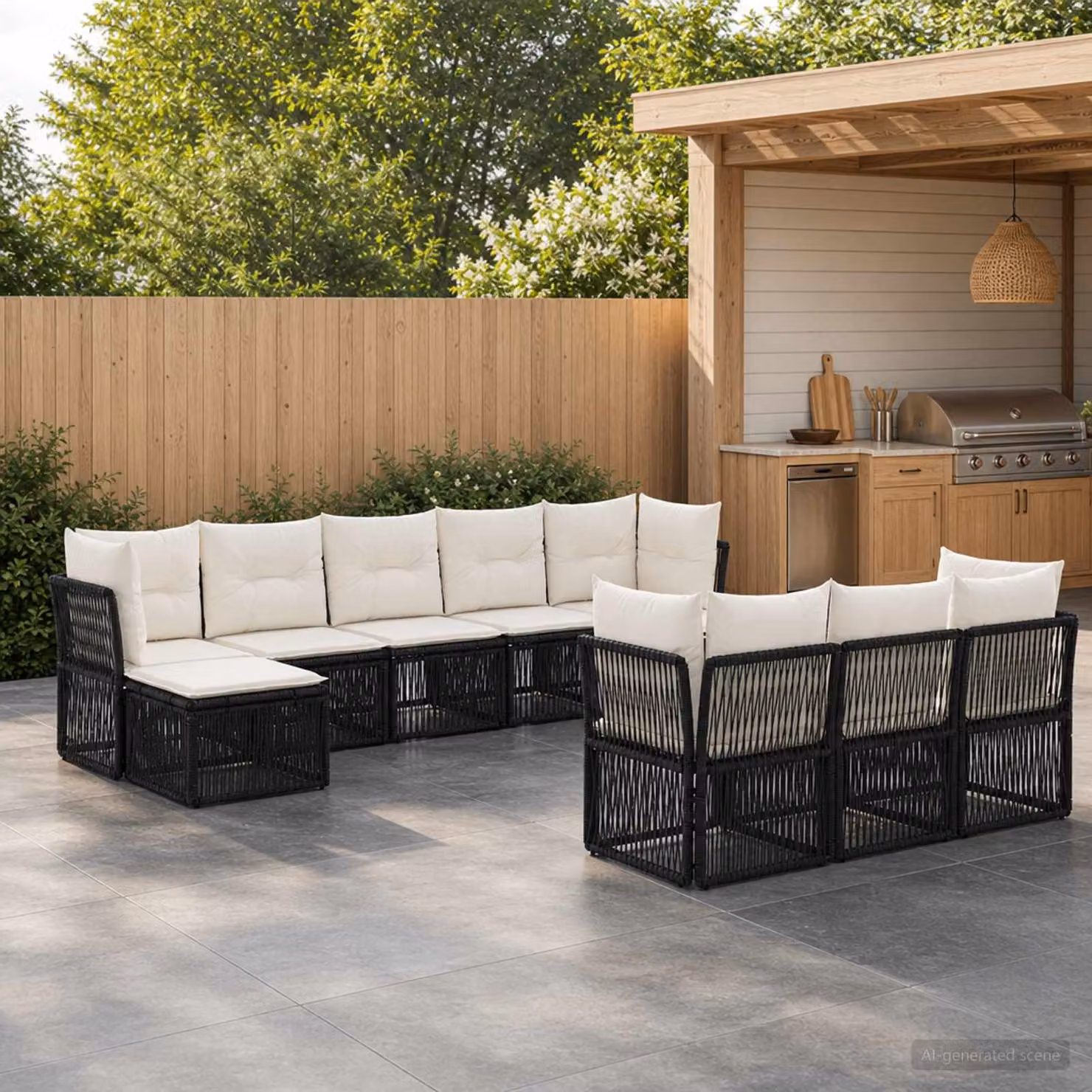 Set Divano da Giardino vidaXL 10 Pezzi a Forma di U in Polyrattan Nero con Cuscini Imbottiti e Struttura in Acciaio Verniciato a Polvere