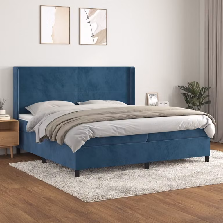 The Living Store Letto a molle con materasso blu scuro 200x200 cm in velluto