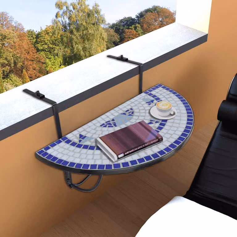 vidaXL Tavolo da Balcone Sospeso con Mosaico in Ceramica Blu e Bianco con Piano Pieghevole e Struttura in Acciaio Verniciato a Polvere