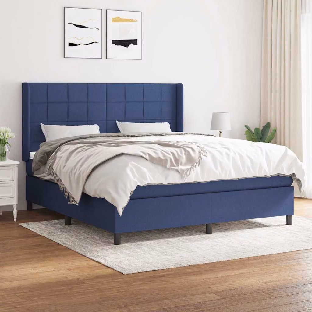 vidaXL Giroletto a Molle con Materasso Blu e Bianco in Tessuto, L/P: 180 x 200 cm – 1