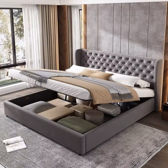 Letto contenitore 160 × 200 cm con testiera imbottita in velluto struttura in legno e acciaio grigio