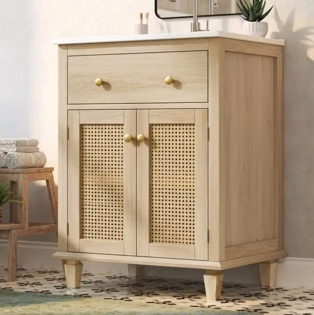 Mobile bagno freestanding 61 cm con lavello in ceramica; ante in rattan e ripiani regolabili Natural Wood