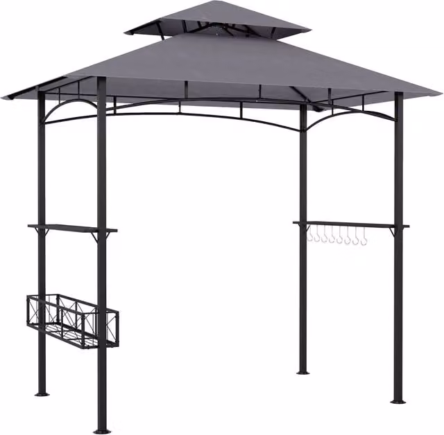 Gazebo per barbecue con cestino portaoggetti 2 ripiani e 8 ganci protezione solare, Gazebo da giardino a 2 livelli Grigio