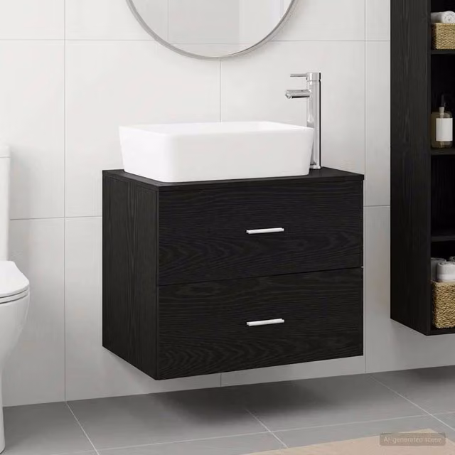 Mobile lavabo da bagno moderno vidaXL in MDF nero e rovere con cassetti e ante, sospeso, L: 62,5 cm, P: 44,5 cm, H: 50 cm