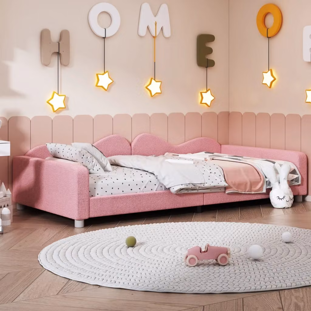 Letto Divanetto Singolo con Schienale e Braccioli in Tessuto Bouclé Rosa L/P/H: 190 x 90 x 76 cm – 2