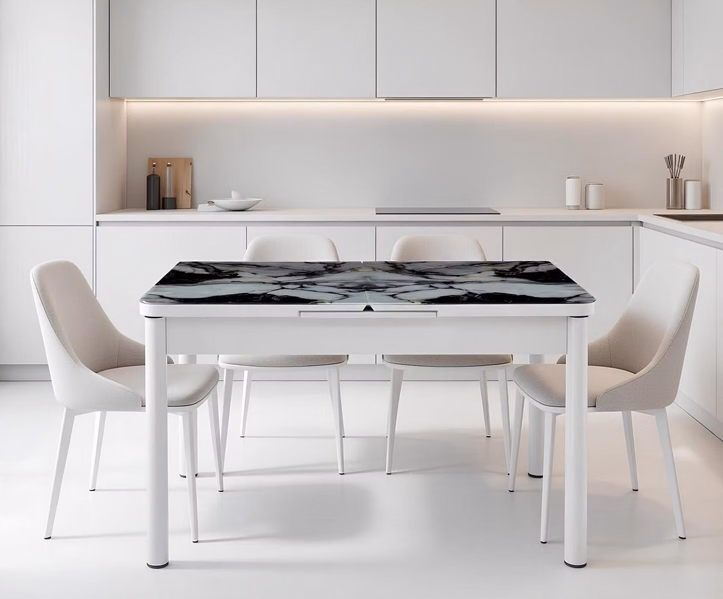Tavolo da pranzo, colore bianco e grigio, forma rettangolare, confortevole, design moderno, lusso